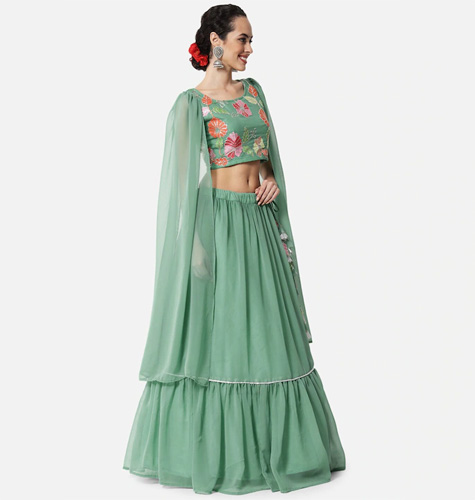 Sea Green Solid Ready to Wear Tiered Lehenga And Embroidered Sequined Choli